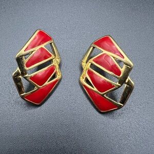 Vintage MONET Red Enamel and Gold Tone Pierced Earrings
